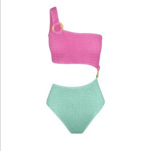 NWT Free People x Cleonie Swim Green/Magenta Smocked Shell Maillot One Piece